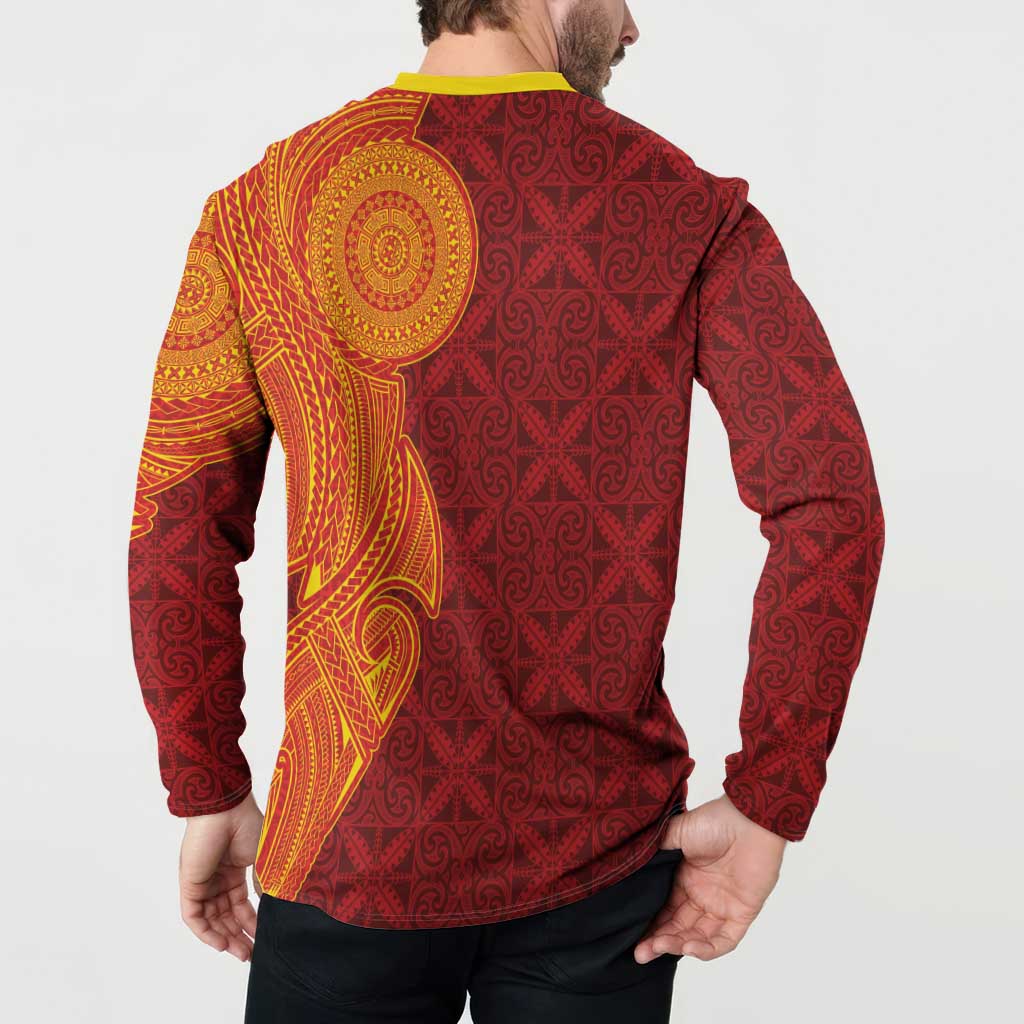 Niue Polynesian Hiapo Tattoo Art Button Sweatshirt Half Style Red Yellow Color - Polynesian Pride