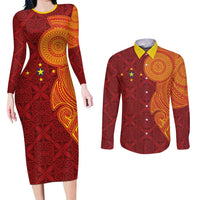Niue Polynesian Hiapo Tattoo Art Couples Matching Long Sleeve Bodycon Dress and Long Sleeve Button Shirt Half Style Red Yellow Color - Polynesian Pride