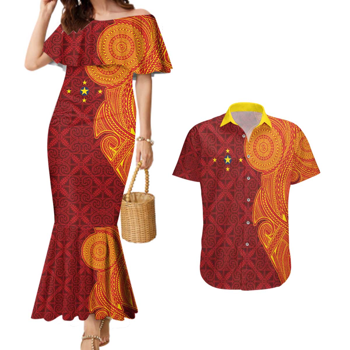 Niue Polynesian Hiapo Tattoo Art Couples Matching Mermaid Dress and Hawaiian Shirt Half Style Red Yellow Color - Polynesian Pride