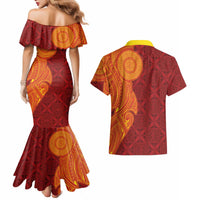 Niue Polynesian Hiapo Tattoo Art Couples Matching Mermaid Dress and Hawaiian Shirt Half Style Red Yellow Color - Polynesian Pride