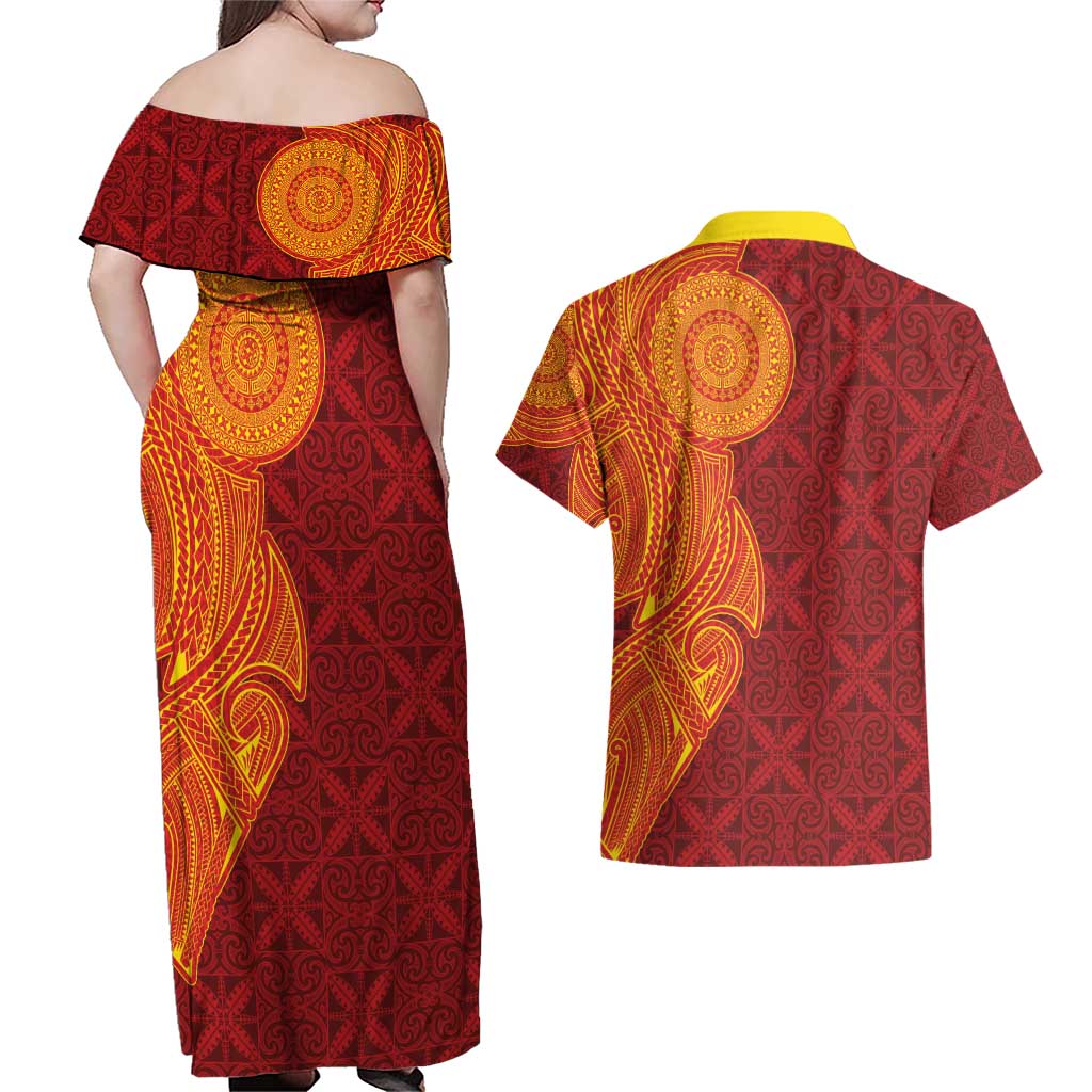 Niue Polynesian Hiapo Tattoo Art Couples Matching Off Shoulder Maxi Dress and Hawaiian Shirt Half Style Red Yellow Color - Polynesian Pride
