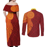 Niue Polynesian Hiapo Tattoo Art Couples Matching Off Shoulder Maxi Dress and Long Sleeve Button Shirt Half Style Red Yellow Color - Polynesian Pride