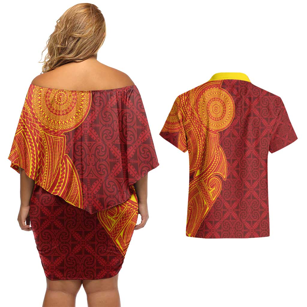 Niue Polynesian Hiapo Tattoo Art Couples Matching Off Shoulder Short Dress and Hawaiian Shirt Half Style Red Yellow Color - Polynesian Pride