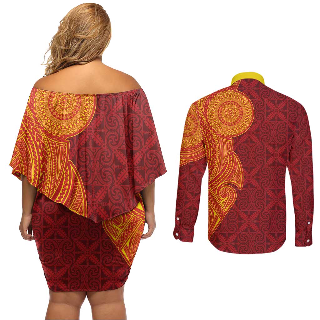 Niue Polynesian Hiapo Tattoo Art Couples Matching Off Shoulder Short Dress and Long Sleeve Button Shirt Half Style Red Yellow Color - Polynesian Pride