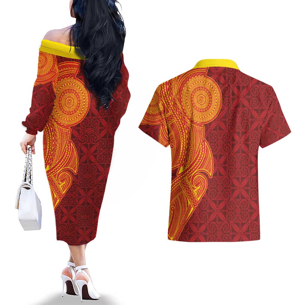 Niue Polynesian Hiapo Tattoo Art Couples Matching Off The Shoulder Long Sleeve Dress and Hawaiian Shirt Half Style Red Yellow Color - Polynesian Pride