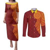 Niue Polynesian Hiapo Tattoo Art Couples Matching Puletasi and Long Sleeve Button Shirt Half Style Red Yellow Color - Polynesian Pride