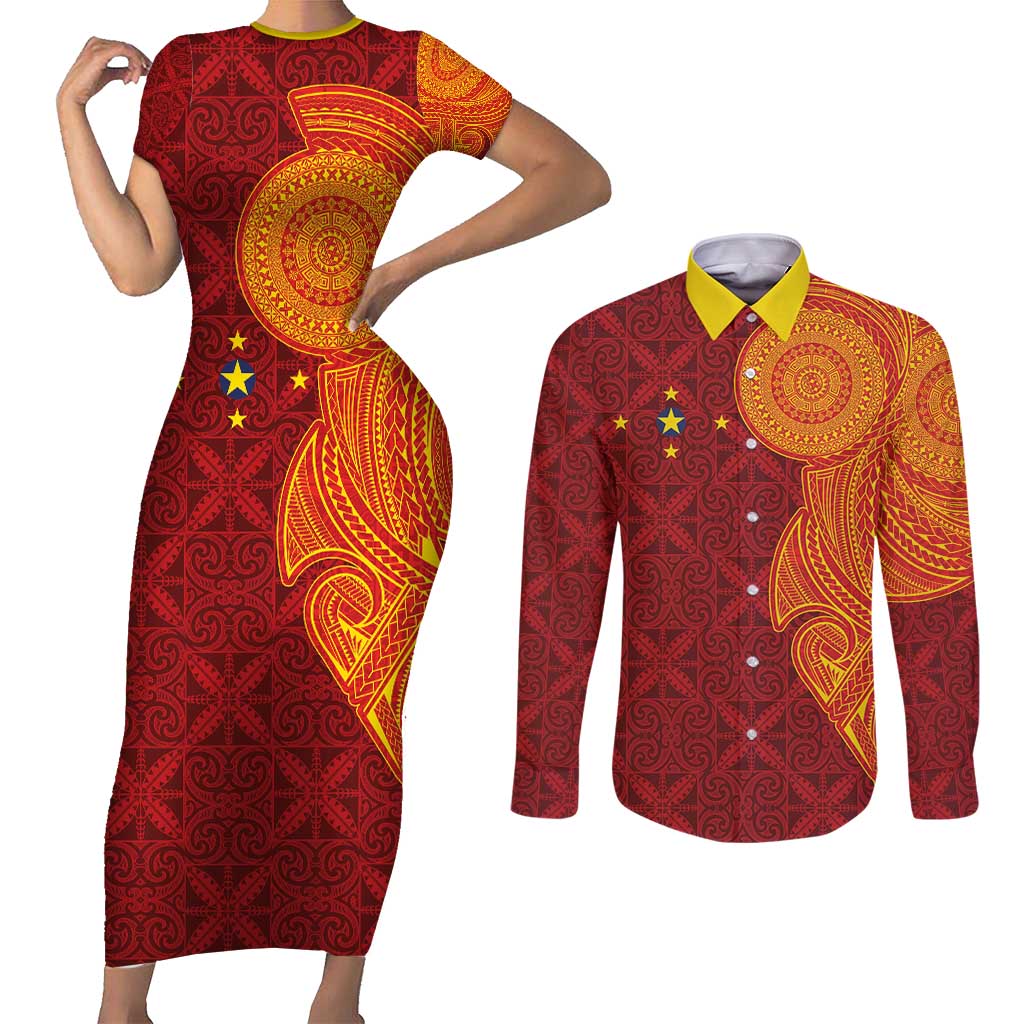 Niue Polynesian Hiapo Tattoo Art Couples Matching Short Sleeve Bodycon Dress and Long Sleeve Button Shirt Half Style Red Yellow Color - Polynesian Pride