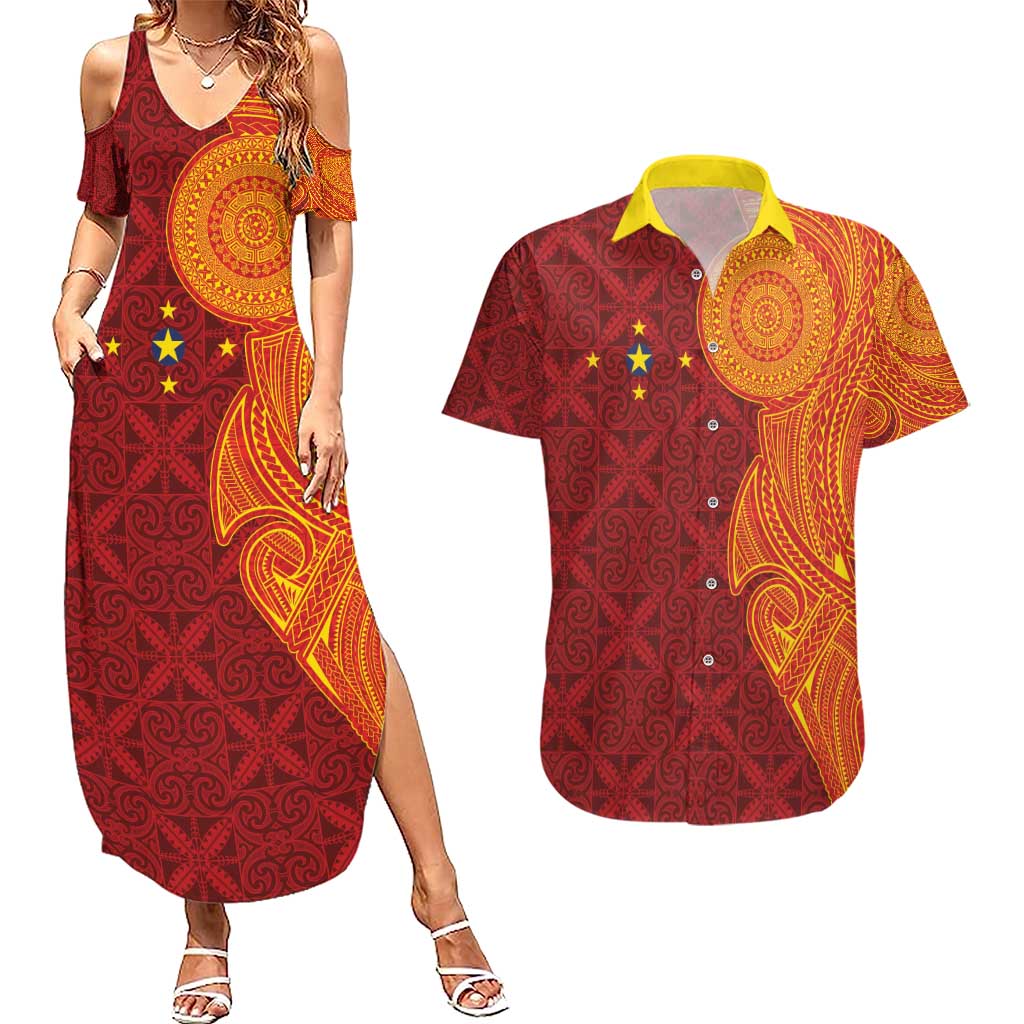 Niue Polynesian Hiapo Tattoo Art Couples Matching Summer Maxi Dress and Hawaiian Shirt Half Style Red Yellow Color - Polynesian Pride