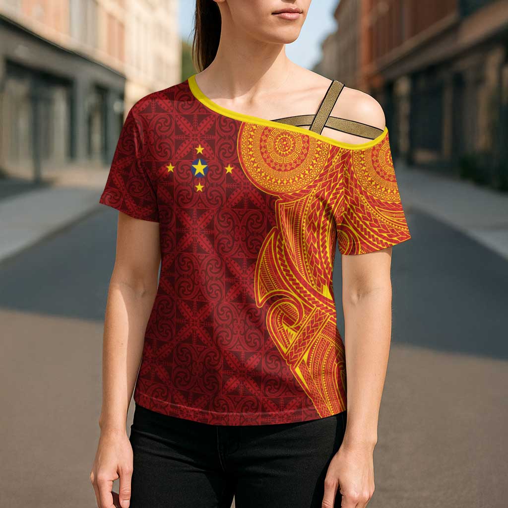 Niue Polynesian Hiapo Tattoo Art Cross Shoulder Shirt Half Style Red Yellow Color - Polynesian Pride