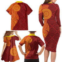 Niue Polynesian Hiapo Tattoo Art Family Matching Long Sleeve Bodycon Dress and Hawaiian Shirt Half Style Red Yellow Color - Polynesian Pride