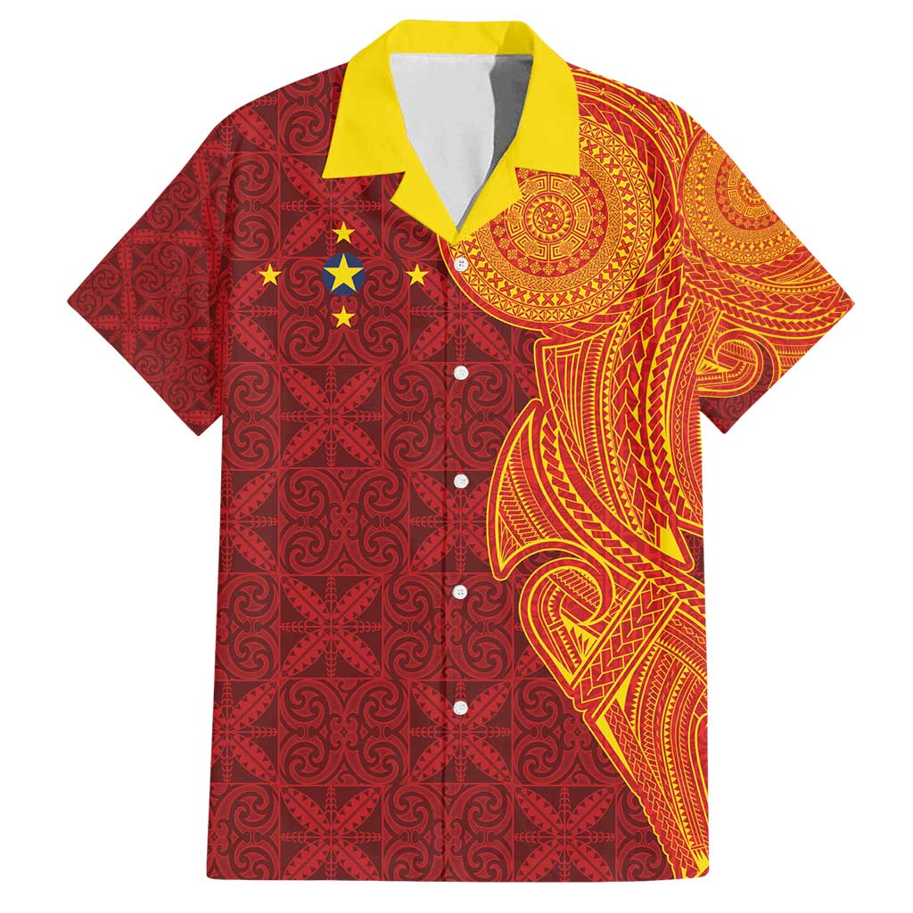 Niue Polynesian Hiapo Tattoo Art Family Matching Long Sleeve Bodycon Dress and Hawaiian Shirt Half Style Red Yellow Color - Polynesian Pride