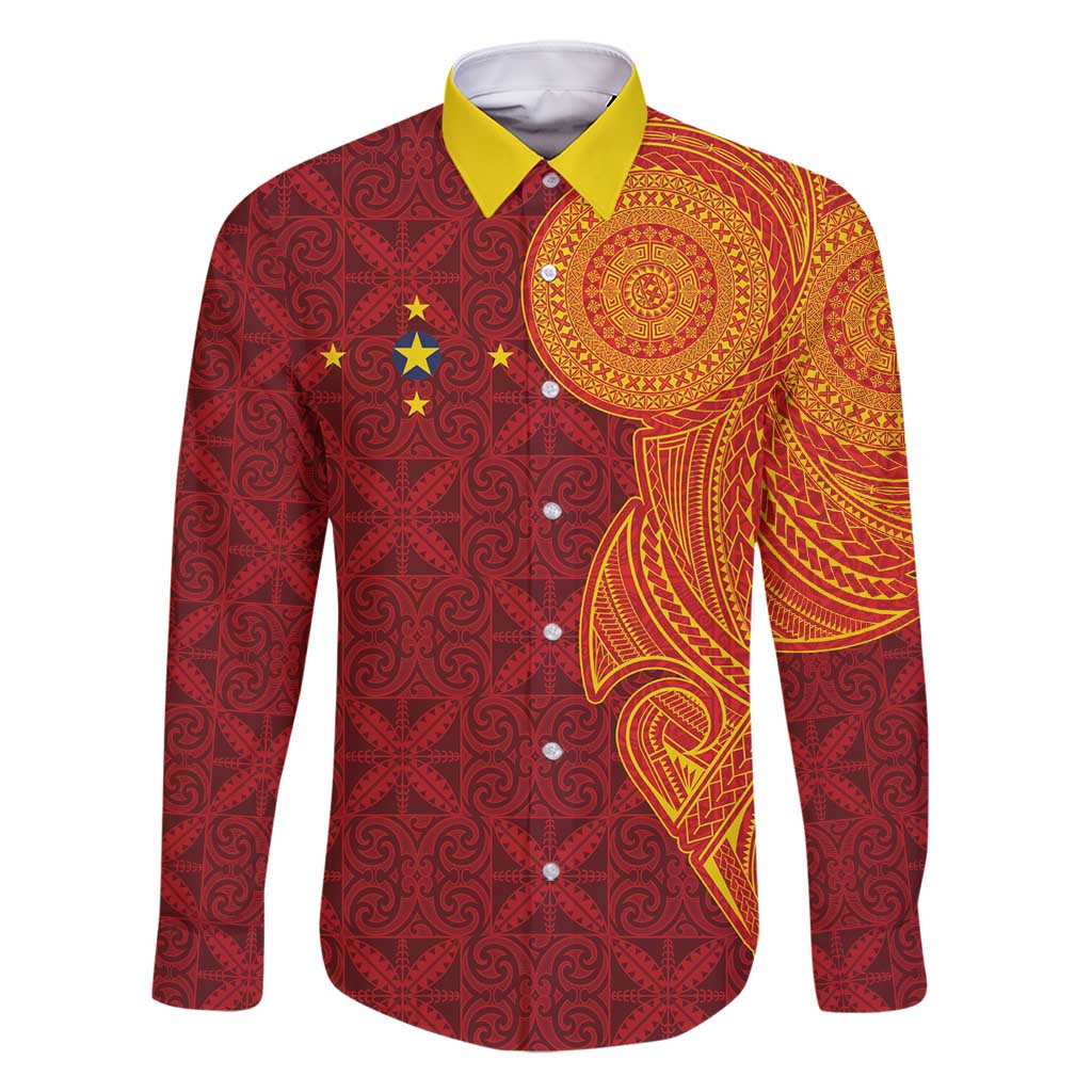 Niue Polynesian Hiapo Tattoo Art Family Matching Long Sleeve Bodycon Dress and Hawaiian Shirt Half Style Red Yellow Color - Polynesian Pride