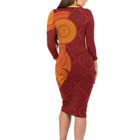 Niue Polynesian Hiapo Tattoo Art Family Matching Long Sleeve Bodycon Dress and Hawaiian Shirt Half Style Red Yellow Color - Polynesian Pride