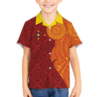 Niue Polynesian Hiapo Tattoo Art Family Matching Long Sleeve Bodycon Dress and Hawaiian Shirt Half Style Red Yellow Color - Polynesian Pride