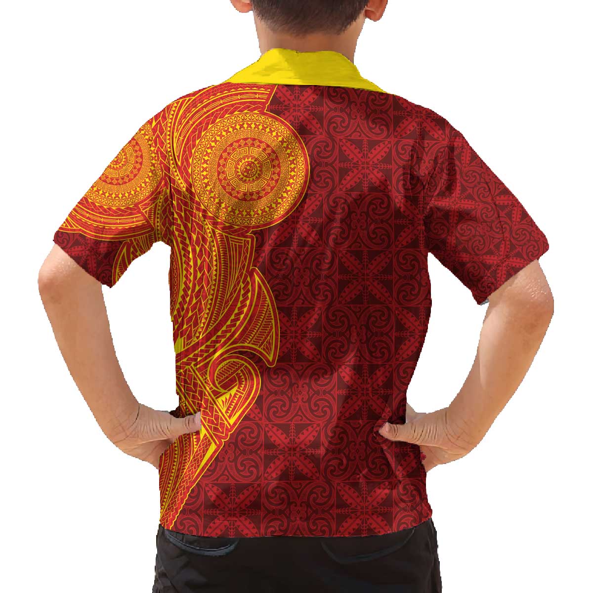 Niue Polynesian Hiapo Tattoo Art Family Matching Off The Shoulder Long Sleeve Dress and Hawaiian Shirt Half Style Red Yellow Color - Polynesian Pride