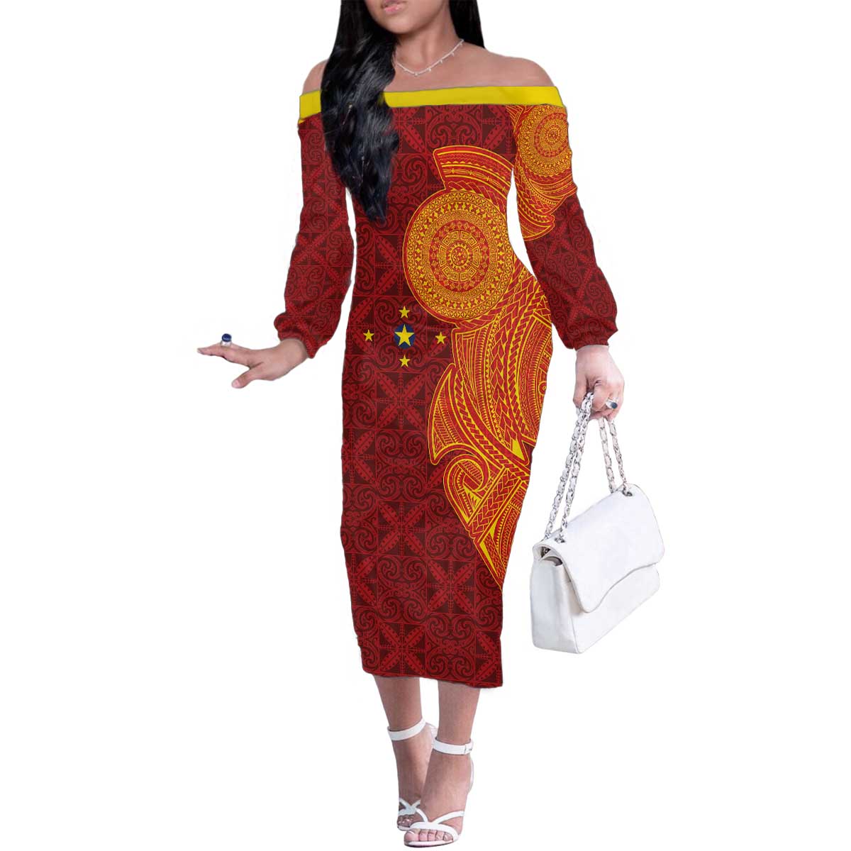 Niue Polynesian Hiapo Tattoo Art Family Matching Off The Shoulder Long Sleeve Dress and Hawaiian Shirt Half Style Red Yellow Color - Polynesian Pride