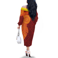 Niue Polynesian Hiapo Tattoo Art Family Matching Off The Shoulder Long Sleeve Dress and Hawaiian Shirt Half Style Red Yellow Color - Polynesian Pride