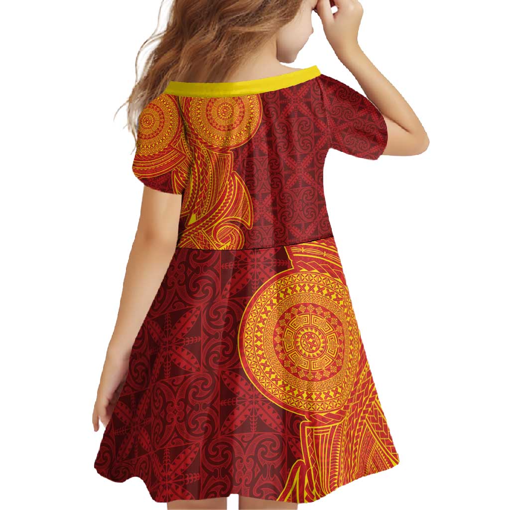 Niue Polynesian Hiapo Tattoo Art Family Matching Off Shoulder Maxi Dress and Hawaiian Shirt Half Style Red Yellow Color - Polynesian Pride