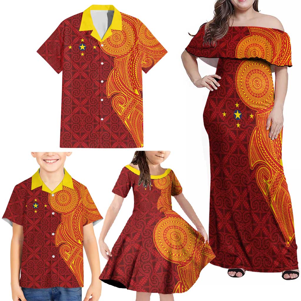 Niue Polynesian Hiapo Tattoo Art Family Matching Off Shoulder Maxi Dress and Hawaiian Shirt Half Style Red Yellow Color - Polynesian Pride