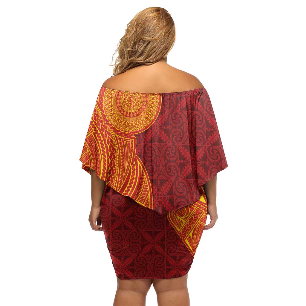 Niue Polynesian Hiapo Tattoo Art Family Matching Off Shoulder Short Dress and Hawaiian Shirt Half Style Red Yellow Color - Polynesian Pride