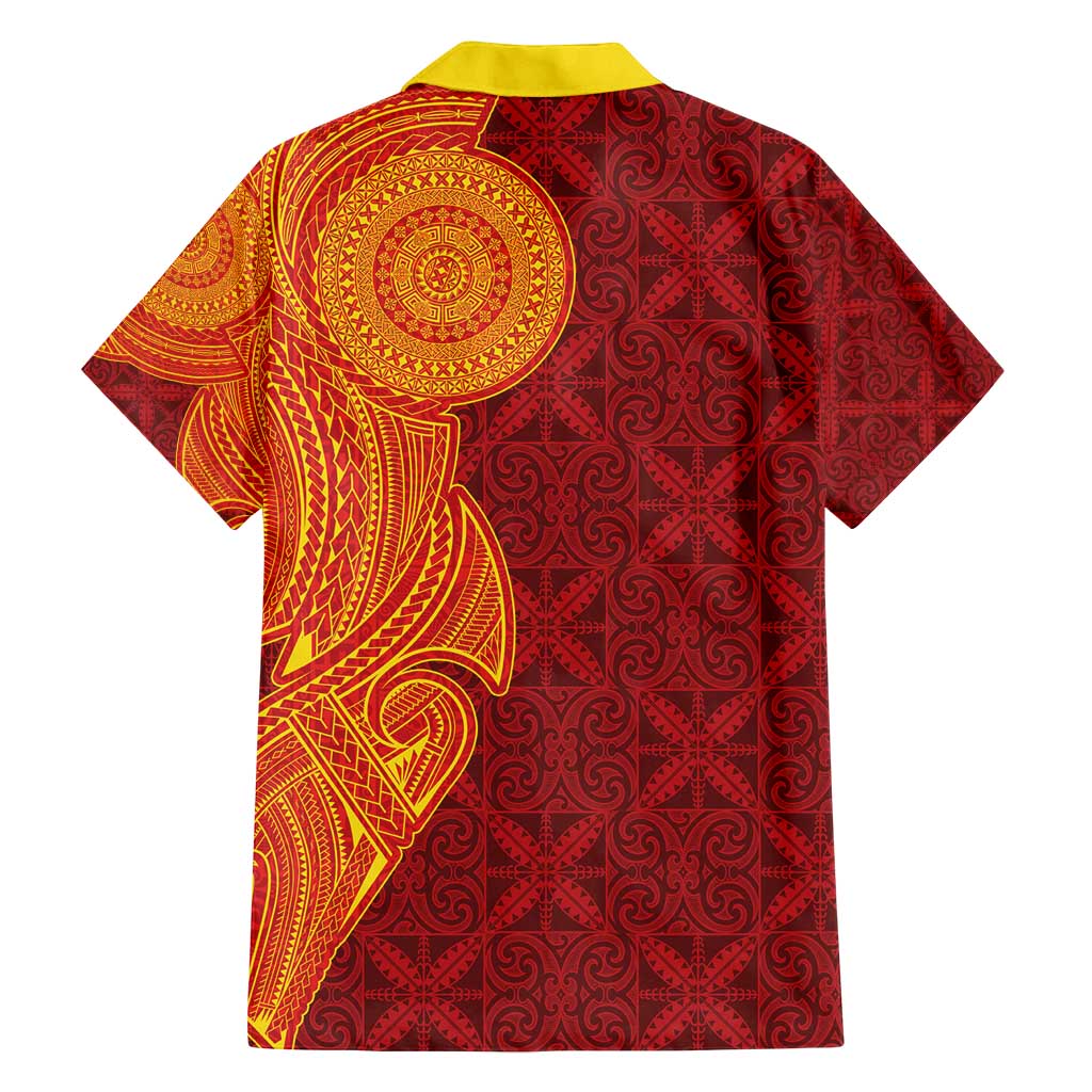 Niue Polynesian Hiapo Tattoo Art Family Matching Puletasi and Hawaiian Shirt Half Style Red Yellow Color - Polynesian Pride