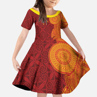 Niue Polynesian Hiapo Tattoo Art Family Matching Short Sleeve Bodycon Dress and Hawaiian Shirt Half Style Red Yellow Color - Polynesian Pride