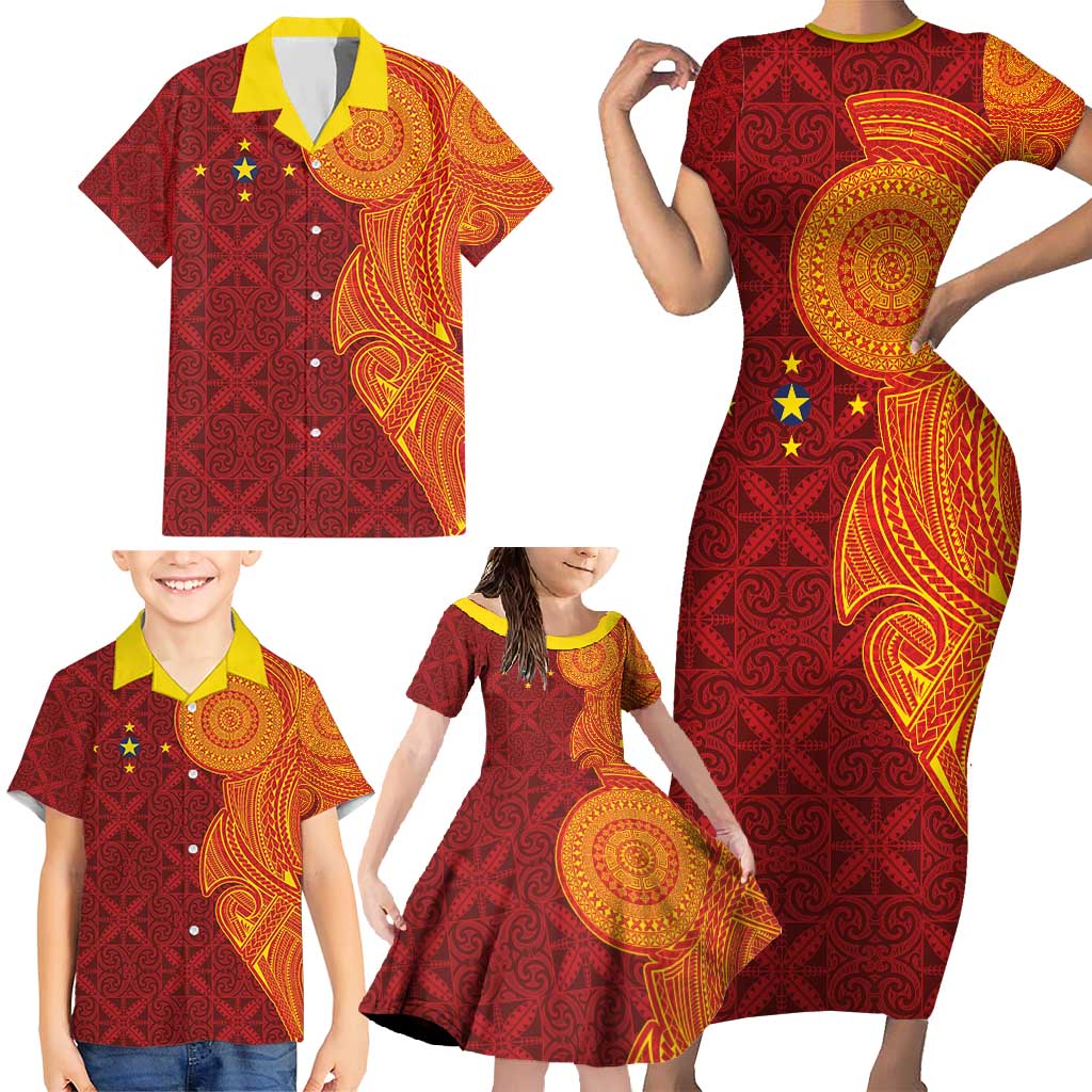 Niue Polynesian Hiapo Tattoo Art Family Matching Short Sleeve Bodycon Dress and Hawaiian Shirt Half Style Red Yellow Color - Polynesian Pride