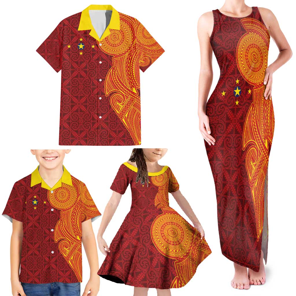 Niue Polynesian Hiapo Tattoo Art Family Matching Tank Maxi Dress and Hawaiian Shirt Half Style Red Yellow Color - Polynesian Pride