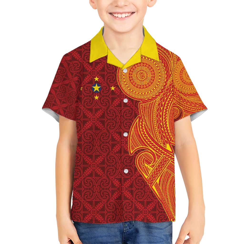 Niue Polynesian Hiapo Tattoo Art Family Matching Tank Maxi Dress and Hawaiian Shirt Half Style Red Yellow Color - Polynesian Pride