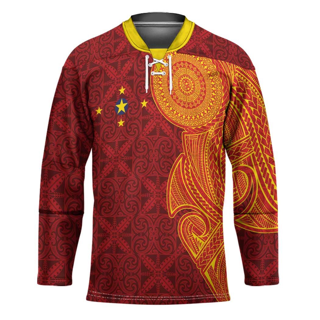 Niue Polynesian Hiapo Tattoo Art Hockey Jersey Half Style Red Yellow Color - Polynesian Pride