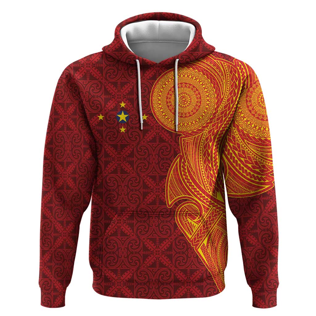 Niue Polynesian Hiapo Tattoo Art Hoodie Half Style Red Yellow Color - Polynesian Pride