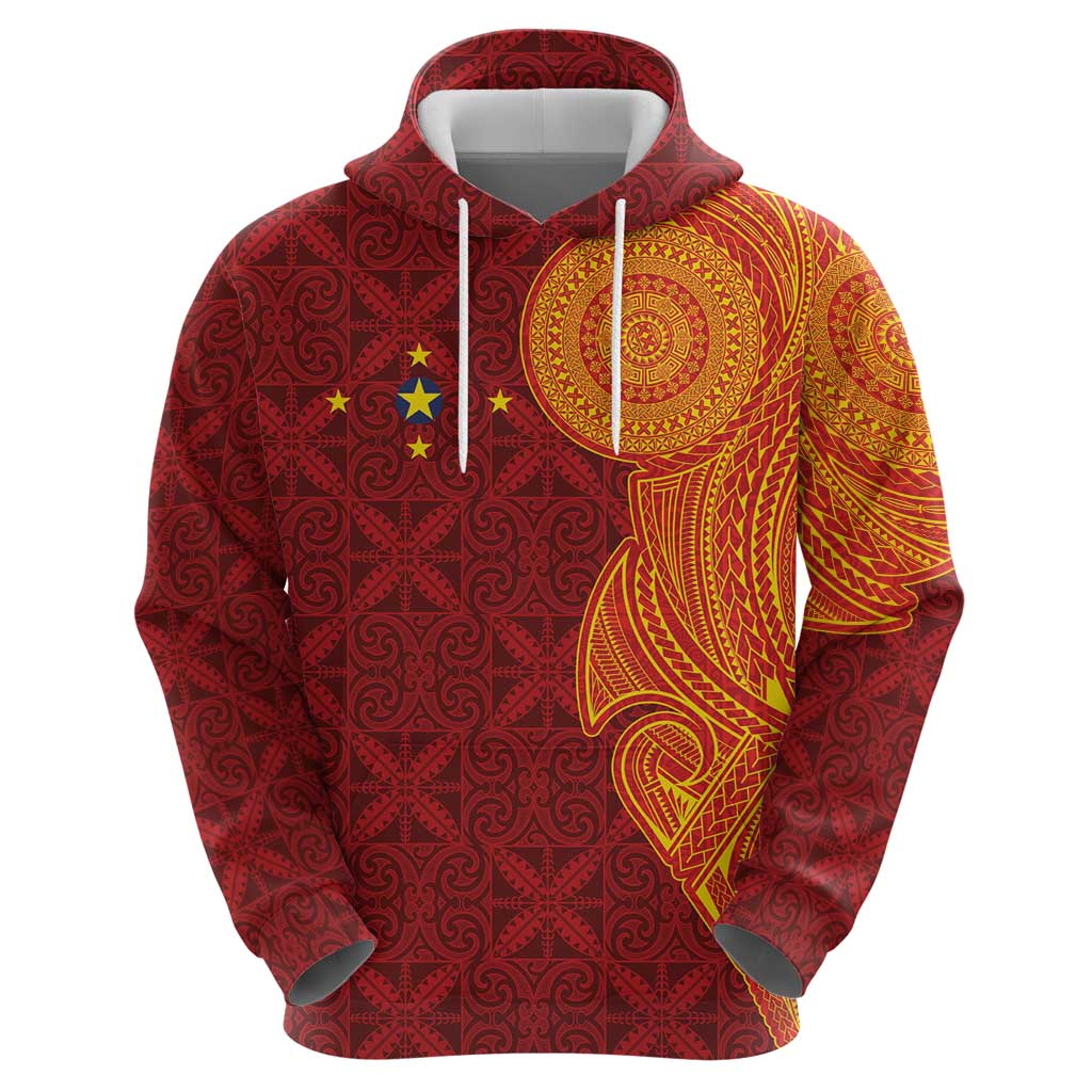 Niue Polynesian Hiapo Tattoo Art Hoodie Half Style Red Yellow Color - Polynesian Pride