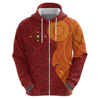 Niue Polynesian Hiapo Tattoo Art Hoodie Half Style Red Yellow Color - Polynesian Pride