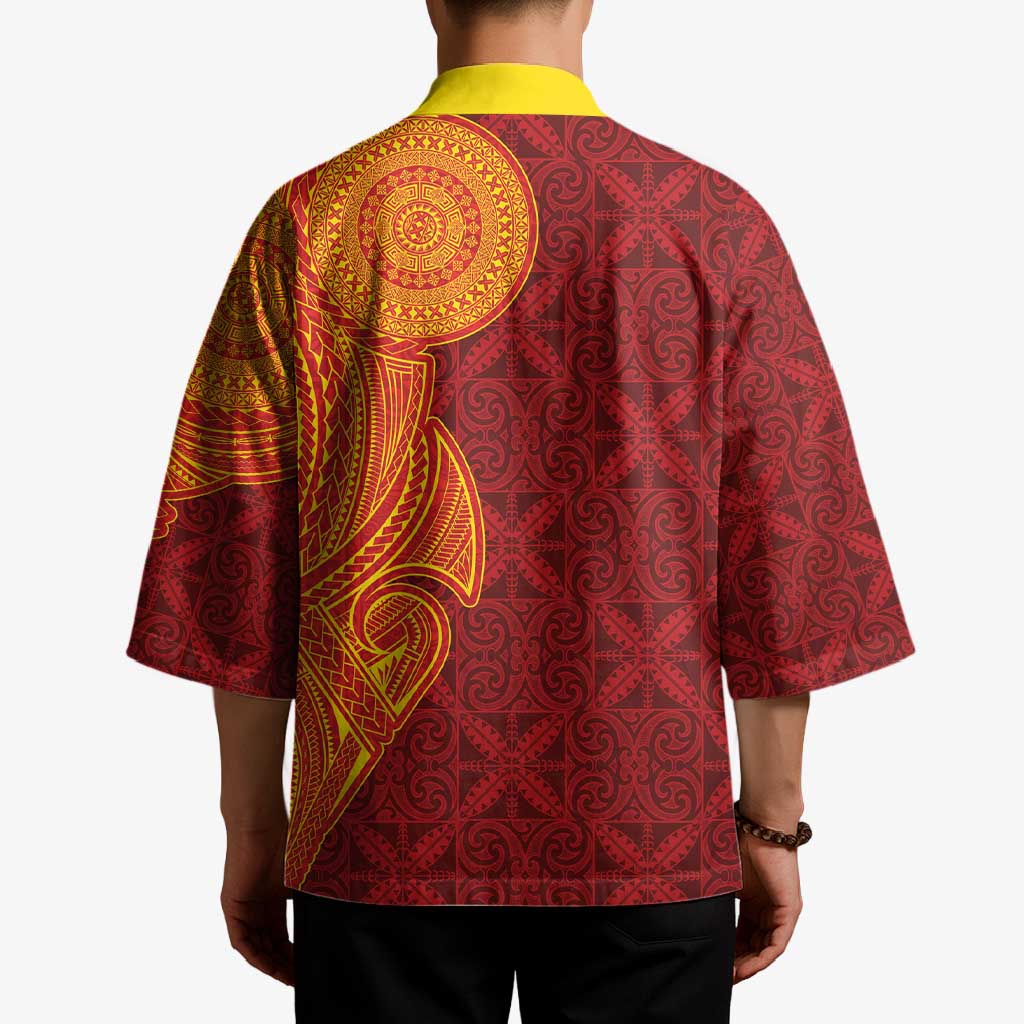 Niue Polynesian Hiapo Tattoo Art Kimono Half Style Red Yellow Color - Polynesian Pride