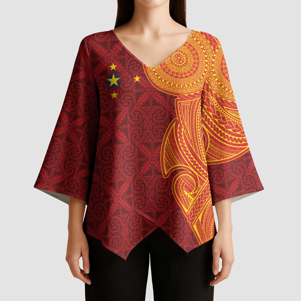 Niue Polynesian Hiapo Tattoo Art Kimono Sleeve Blouse Half Style Red Yellow Color - Polynesian Pride