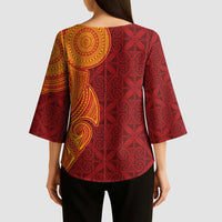 Niue Polynesian Hiapo Tattoo Art Kimono Sleeve Blouse Half Style Red Yellow Color - Polynesian Pride