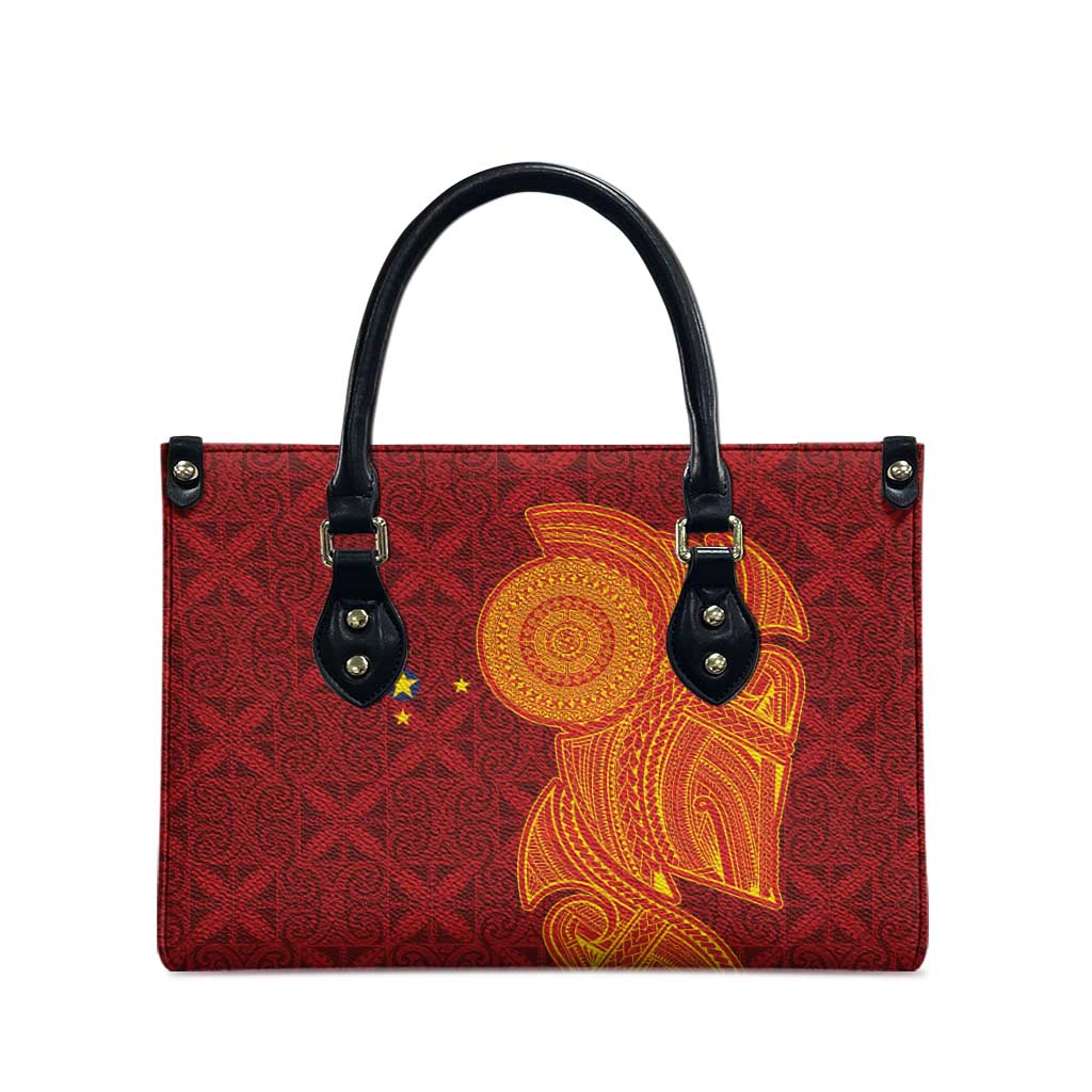 Niue Polynesian Hiapo Tattoo Art Leather Bag Half Style Red Yellow Color - Polynesian Pride