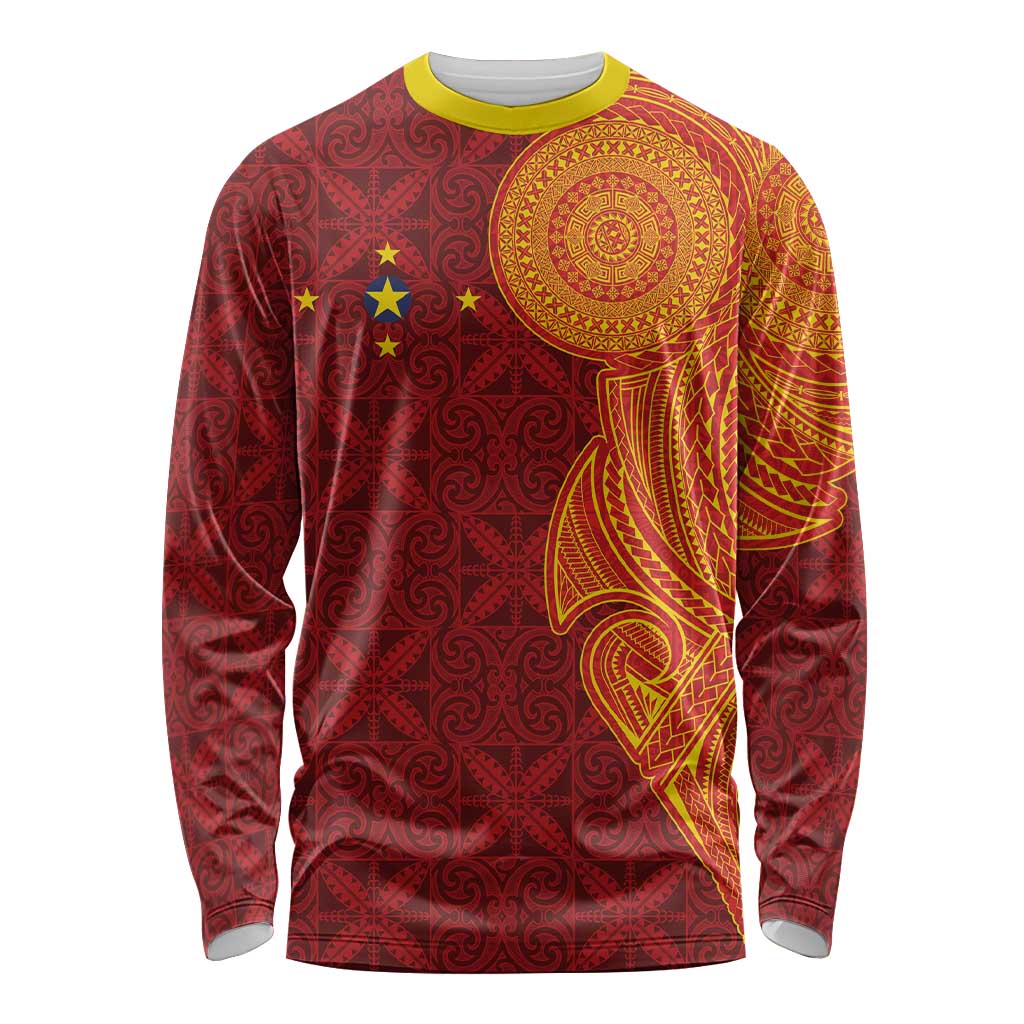 Niue Polynesian Hiapo Tattoo Art Long Sleeve Shirt Half Style Red Yellow Color - Polynesian Pride
