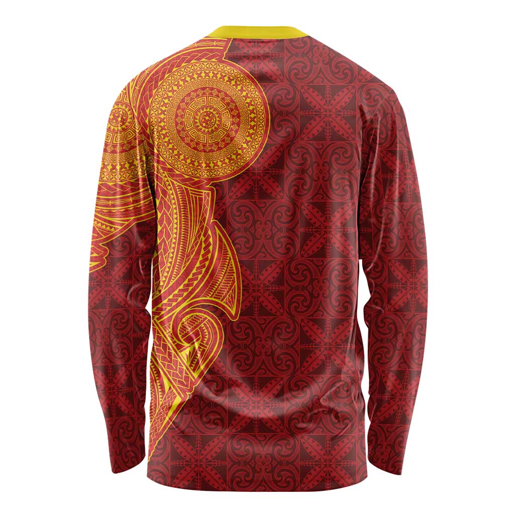 Niue Polynesian Hiapo Tattoo Art Long Sleeve Shirt Half Style Red Yellow Color - Polynesian Pride
