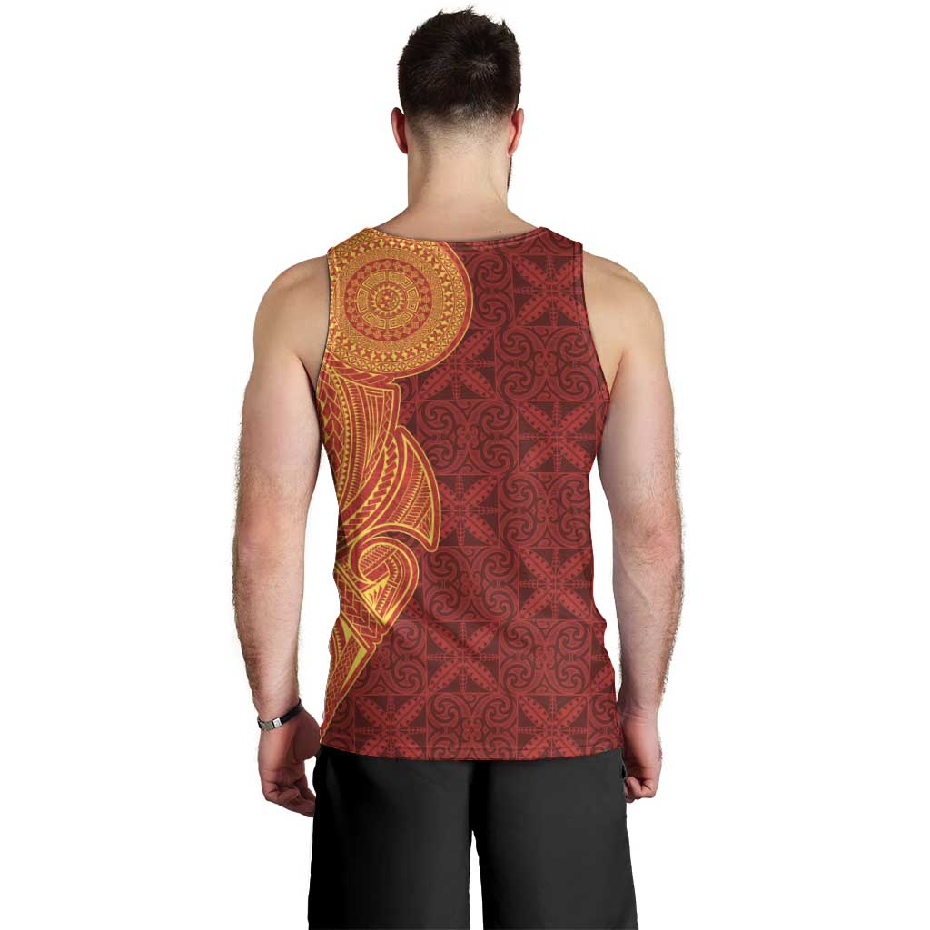 Niue Polynesian Hiapo Tattoo Art Men Tank Top Half Style Red Yellow Color - Polynesian Pride