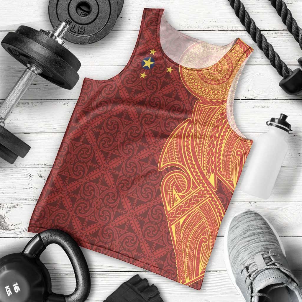 Niue Polynesian Hiapo Tattoo Art Men Tank Top Half Style Red Yellow Color - Polynesian Pride