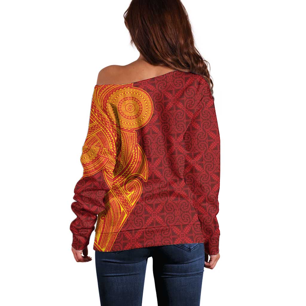 Niue Polynesian Hiapo Tattoo Art Off Shoulder Sweater Half Style Red Yellow Color - Polynesian Pride