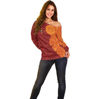 Niue Polynesian Hiapo Tattoo Art Off Shoulder Sweater Half Style Red Yellow Color - Polynesian Pride