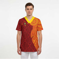 Niue Polynesian Hiapo Tattoo Art Scrub Top Half Style Red Yellow Color - Polynesian Pride
