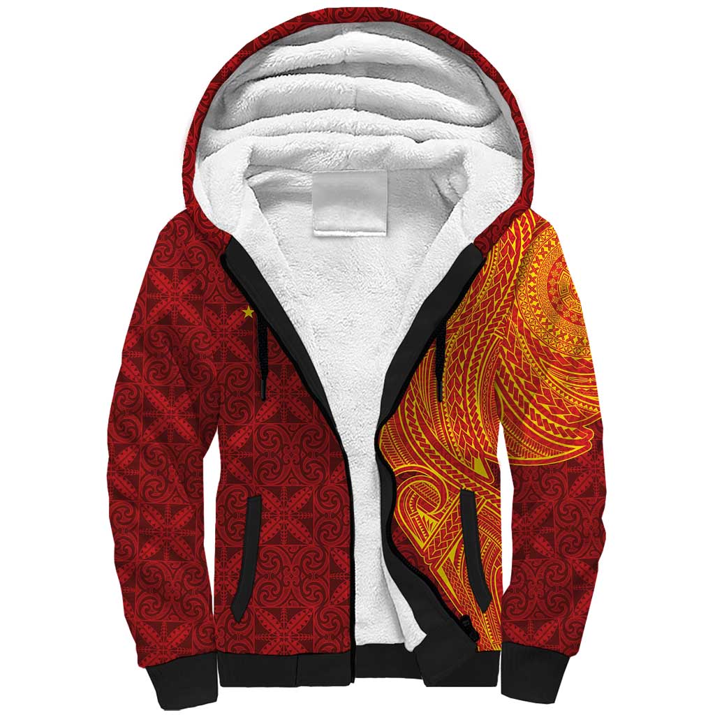 Niue Polynesian Hiapo Tattoo Art Sherpa Hoodie Half Style Red Yellow Color - Polynesian Pride