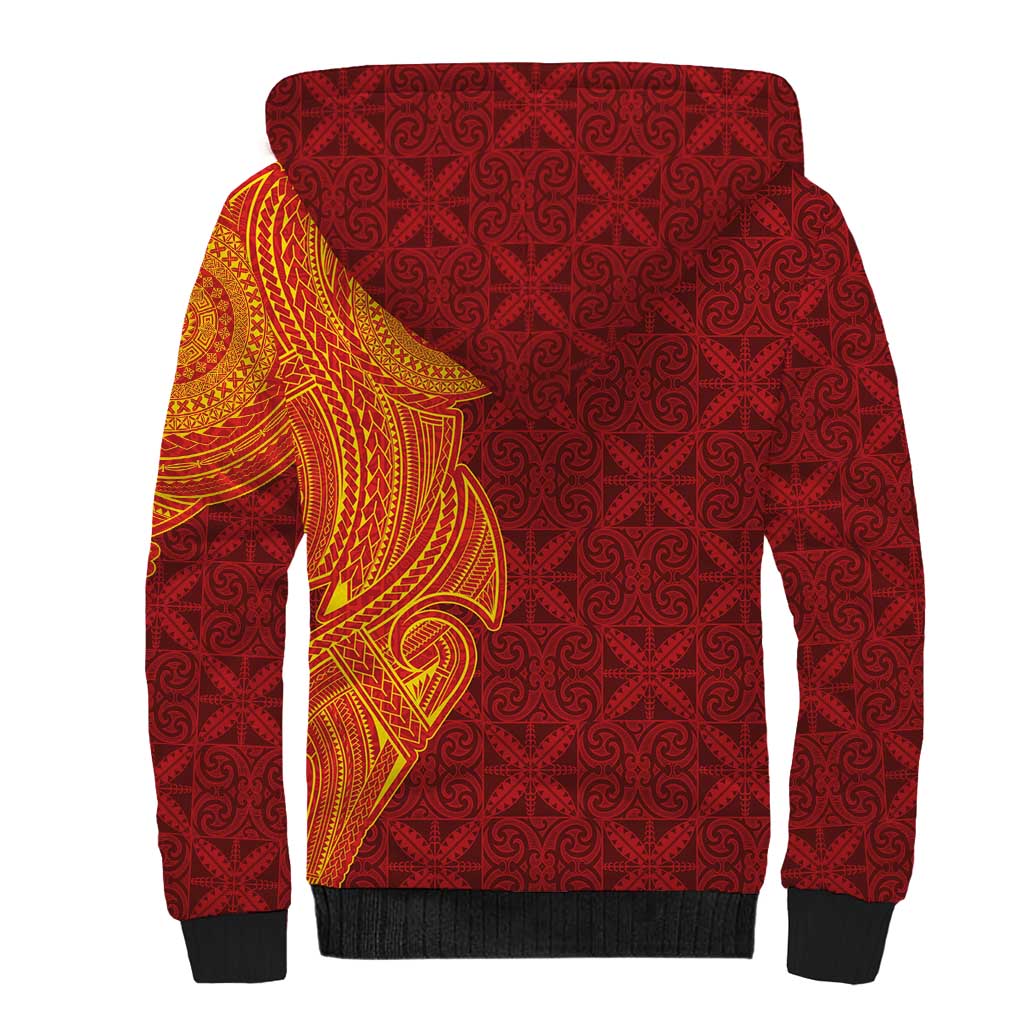 Niue Polynesian Hiapo Tattoo Art Sherpa Hoodie Half Style Red Yellow Color - Polynesian Pride