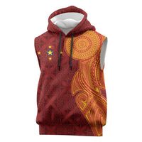 Niue Polynesian Hiapo Tattoo Art Sleeveless Hoodie Half Style Red Yellow Color - Polynesian Pride