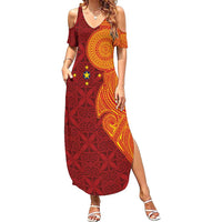 Niue Polynesian Hiapo Tattoo Art Summer Maxi Dress Half Style Red Yellow Color - Polynesian Pride