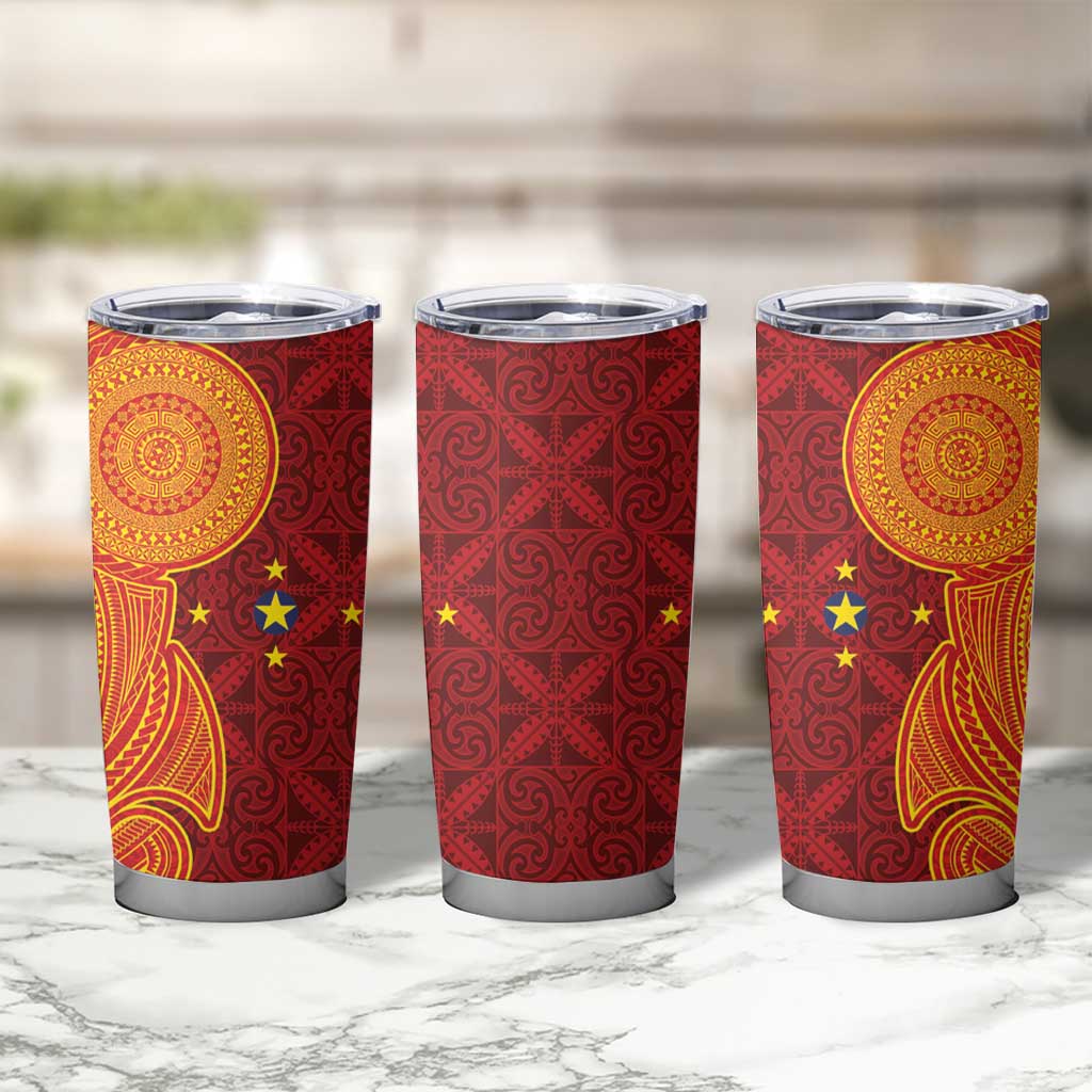 Niue Polynesian Hiapo Tattoo Art Tumbler Cup Half Style Red Yellow Color - Polynesian Pride