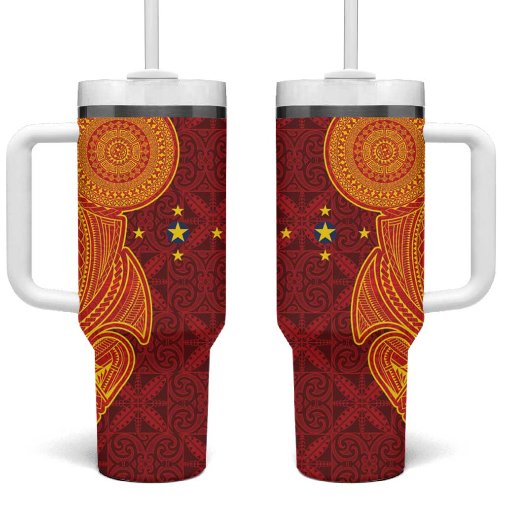 Niue Polynesian Hiapo Tattoo Art Tumbler With Handle Half Style Red Yellow Color - Polynesian Pride